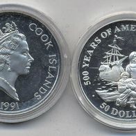 Cook-Inseln Silber PP/ Proof 50 Dollars 1991 "Myles Standish" 500 Jahre Amerika