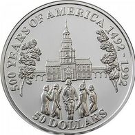 Cook-Inseln Silber PP/ Proof 50 Dollars 1992 "Independence Hall" 500 Jahre Amerika