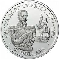 Cook-Inseln Silber PP/ Proof 50 Dollars 1990 "Simón Bolivar" 500 Jahre Amerika