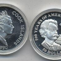 Cook-Inseln Silber PP/ Proof 50 Dollars 1990 "Mark Twain" 500 Jahre Amerika