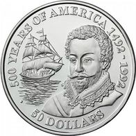 Cook-Inseln Silber PP/ Proof 50 Dollars 1990 "Sir Francis Drake" 500 Jahre Amerika