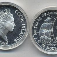 Cook-Inseln Silber PP/ Proof 50 Dollars 1993 "John Hawkins" 500 Jahre Amerika