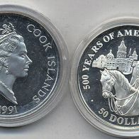 Cook-Inseln Silber PP/ Proof 50 Dollars 1991 "Kaiser Maximillian" 500 Jahre Amerika