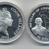 Cook-Inseln Silber PP/ Proof 50 Dollars 1993 "George Vancouver" 500 Jahre Amerika