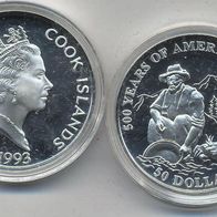 Cook-Inseln Silber PP/ Proof 50 Dollars 1993 "Goldwäscher" 500 Jahre Amerika