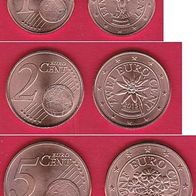 2015 Lose Kursmünzen Österreich Austria UNC 1 Cent & 2 Cent & 5 Cent Prägefrisch