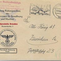 Dienstpost Brief Dresden 17.11.42 / Ministerium Rüstung und Bewaffnung / nach Zwickau