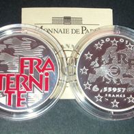 Frankreich 6,55957 Francs = (1 Euro) 2001 Silber PP, "FRATERNITÉ rote Farbe" Rar !