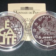 Frankreich 6,55957 Francs = (1 Euro) 2001 Silber PP, "EGALITÉ weiße Farbe" Rar !