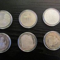 10 DM Münzen (nicht Euro), 6 Stück von 1989 -1992, alle aus 625 er Silber, stgl.