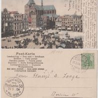 Rostock-Neuer-Markt-AK 1904 mit Marienkirche Droschken und Markttreiben Erh.1