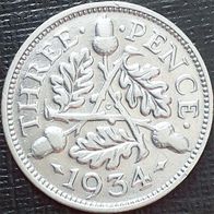 3 Pence Großbritannien England Silbermünze 1934 AU