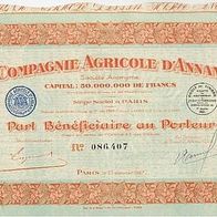 Alte frz. Aktie von 1927 Compagne Agricole D`Annam