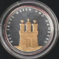 1989 BRD 800 Jahre Hamburger Hafen 10 DM mit Goldapplikation