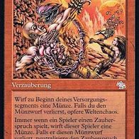 4x "Weltenchaos", Uncommon aus "Abrechnung", Erhaltung siehe Text