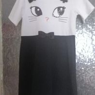 Kleid - Kurzarm - schwarz weiß - Aufdruck Katze - H&M - 122/128