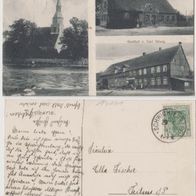 Schwichtenberg-Mecklenburg-AK 1908 Schule, Kirche, Gasthof Carl Ollwig Erh.1