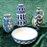 alte bäuerliche Keramik / Steinzeug * 3 Vasen + flache Schale * Stil Landhaus Bunzlau