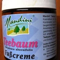 Teebaum Fusscreme mit sehr intensivem „Teebaum“ – GERUCH im Glasbehälter v. Mandini