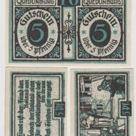 Quedlinburg-Notgeld-5 + 5 Pfennig und 5-5 Pfennig, geteilt, schwarz-grün,3Scheine