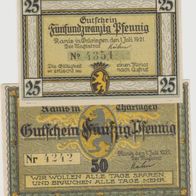 Ranis-Notgeld-Thüringen 25-50 Pfennig vom 1.7.1921, 2Scheine