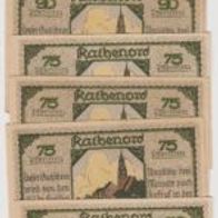 Rathenow-Notgeld-3x50-3x75-80-3x90 Pfennige o.D.1922,10Sch.. Motiv Husaren,