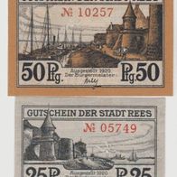 Rees-Notgeld-25-50 Pfennig von 1920 bis 1.4.1922, 2Scheine