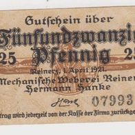 Reinerz-Notgeld-25 Pfennig vom 1.4.1921, Weberei Hermann Hanke