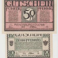 Rendsburg-Notgeld-50 Pf. vom 1.7.1918 ohne WZ,10 Pf. Wz Zickzack.2Sch.