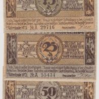 Ritterhude-Notgeld-25-50-75 Pfennige von1921, 3 Scheine