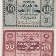 Rochlitz-Notgeld-10-50 Pfennige bis 31.12.1918, 2 Scheine