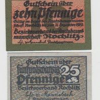 Rochlitz-Notgeld-10Pf. bis 31.12-1919-und 25Pf. bis 30.9.1921, 2 Scheine