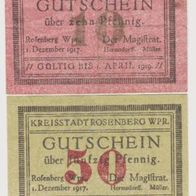 Rosenberg-Notgeld-Westpreußen10Pf. gebraucht 50Pf. vom1.12.1917 bis 1.4.1919, -2Sch.