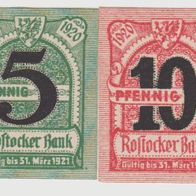 Rostock-Notgeld-5-10 Pfennig vom 15.2.1920 bis 31.3.1921, 2 Scheine