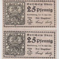 Quedlinburg-Notgeld-25 Pf., vom 10.6.1920 bis 31.12.1923, Farbvarianten, 2Scheine,