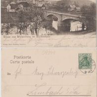 Wolkenburg-Mulde-AK-1908 Gruss aus Karte mit Brücke, Erh.1