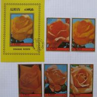 1972, Ajman, Stamp Series, Orange Roses, Mi AJ 2083-2087 + BL 454, MNH