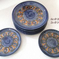 alte Bunzlau Keramik Steinzeug Pfauenauge * 6 + 2 Teller