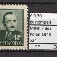 Polen 1948 Freimarken: Staatspräsident Boleslaw Bierut MiNr. 524 gestempelt