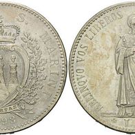 San Marino Silber 5 Lire 1898 R, HL. Marinus v. Dalmatien, Rar, vz+