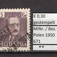 Polen 1950 Freimarken: Staatspräsident Boleslaw Bierut MiNr. 671 gestempelt