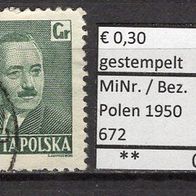 Polen 1950 Freimarken: Staatspräsident Boleslaw Bierut MiNr. 672 gestempelt -2