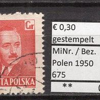 Polen 1950 Freimarken: Staatspräsident Boleslaw Bierut MiNr. 675 gestempelt -5