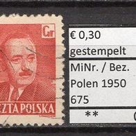 Polen 1950 Freimarken: Staatspräsident Boleslaw Bierut MiNr. 675 gestempelt -6