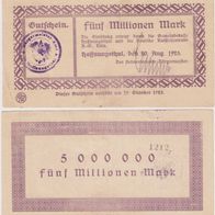 Rösrath-Hoffnungsthal-Notgeld-5 Mio-Mark, vom 20.8.1923, o. Wz. Stp. Erh.2 (Text unten).