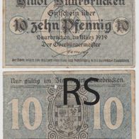 Saarbrücken-Notgeld-10-Pfennig vom März.1919,1 Schein gebraucht, Einriss, oben