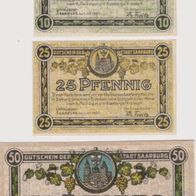 Saarburg-Notgeld 10-25-50 Pfennig vom 1.6.1920, 3 Scheine