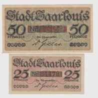 Saarlouis-Notgeld-25-50 Pfennig, vom1.12.1918 Unterschr. Dr. Gilles, 2 Scheine