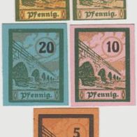 Salzburghofen-Notgeld-1-2-5-10-20 Pfennig von 1920, 5 Scheine