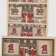 Salzwedel-Notgeld-5-10-50 Pfennig und 1 Mark vom 15.12.1921,4 Scheine